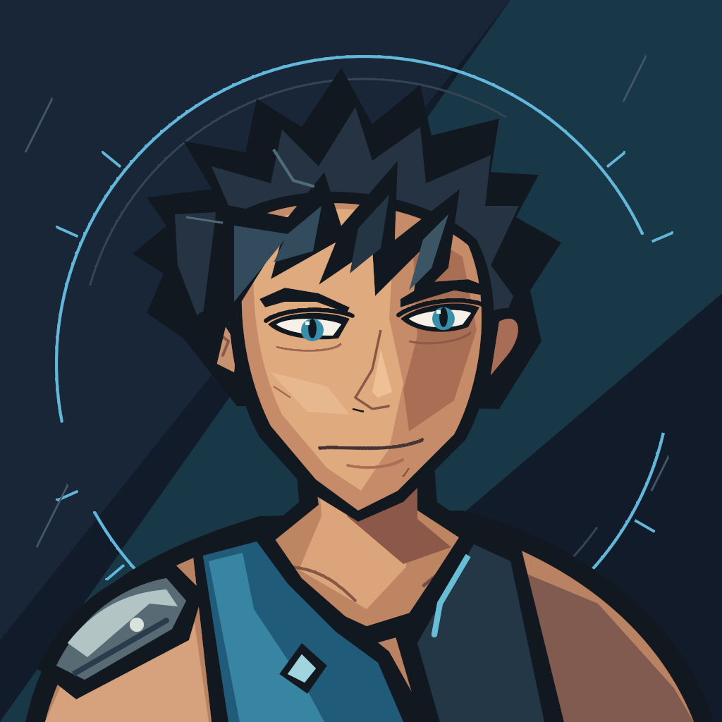 Azure Warrior, a black-haired fighter in blue training armor